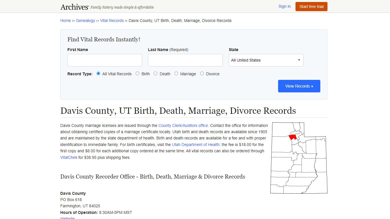 Davis County, UT Birth, Death, Marriage, Divorce Records - Archives.com